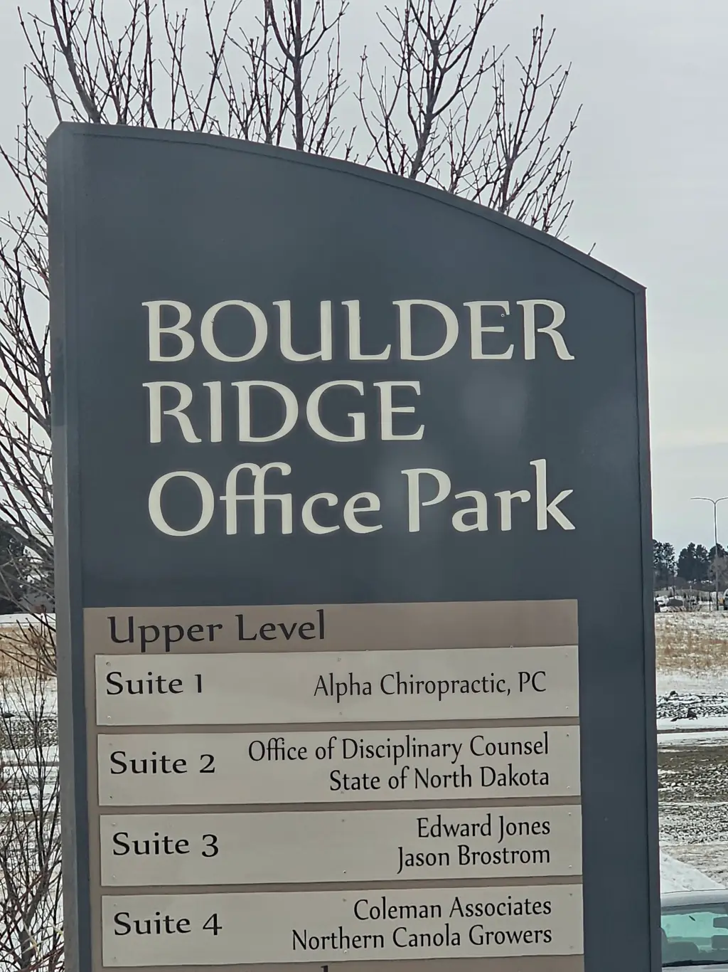 The Boulder Ridge Office Park monument sign listing Alpha Chiropractic, PC in Suite 1