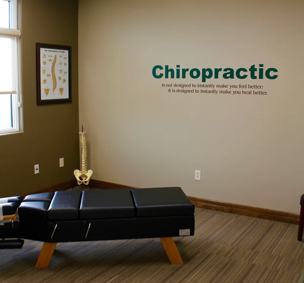 Treatment room at Alpha Chiropractic with a green Chiropractic wall decal, a spine model and a vertebral column poster
